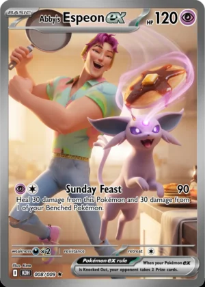 Abby Saja laughs beside Espeon as food floats through a warm kitchen scene.