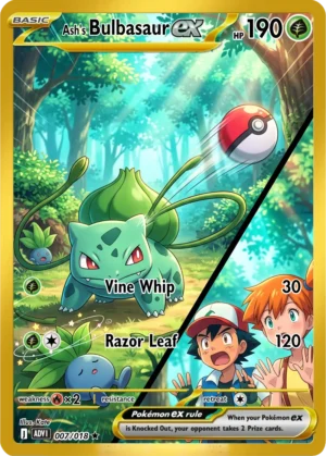 Bulbasaur reaches out with its vines as a Poké Ball cuts through a green forest scene.
