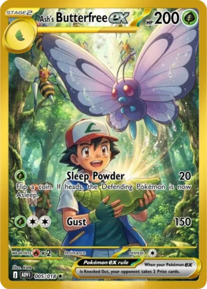 Butterfree spreads its pale wings above Ash in a sunlit green forest.
