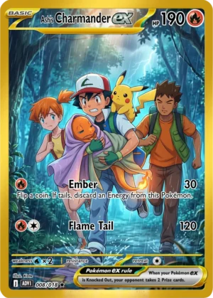 Ash holds Charmander close while Misty, Brock and Pikachu gather in a rain-soaked forest.
