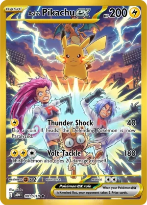 Pikachu leaps through a burst of electricity while Team Rocket tumbles through the scene behind it.