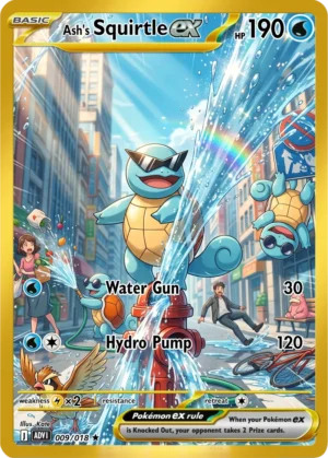 Squirtle wears dark sunglasses as it sends a burst of water through a busy city street.