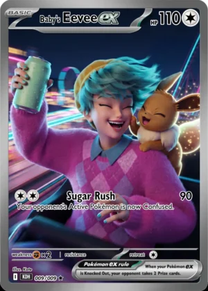 Baby Saja holds a drink and smiles with Eevee beneath colourful city lights.