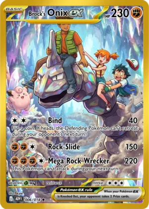 Brock stands beside Onix while familiar travelling companions gather inside a bright crystalline cave.