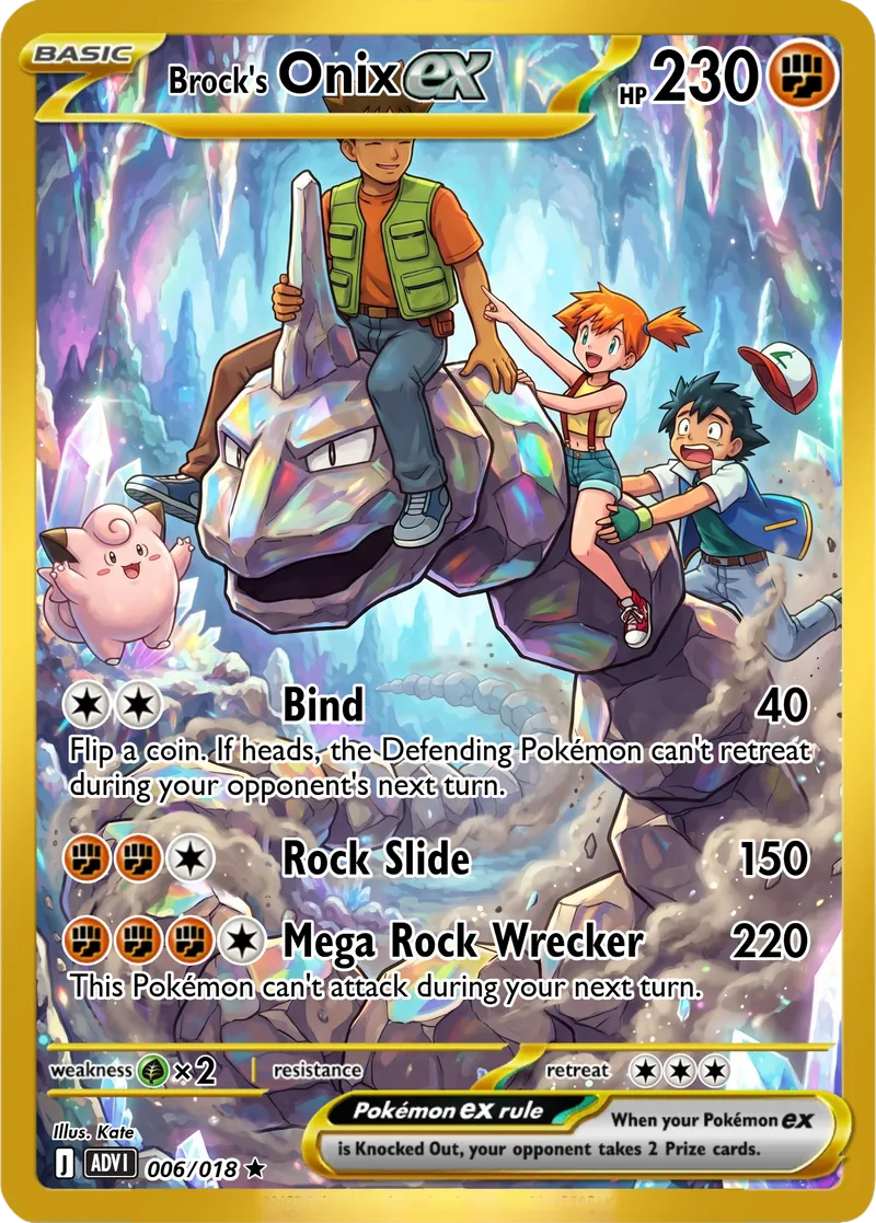 Brock stands beside Onix while familiar travelling companions gather inside a bright crystalline cave.
