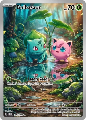 Bulbasaur and Jigglypuff stand beside a woodland pool under broad green leaves.
