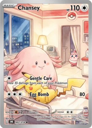 Chansey tends to a resting Pikachu in a softly lit room overlooking the city at night.