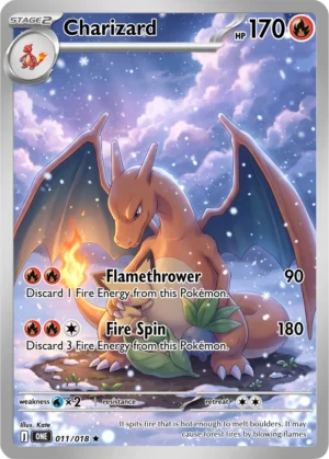 Charizard shelters a small green companion between its wings in a snowy landscape.