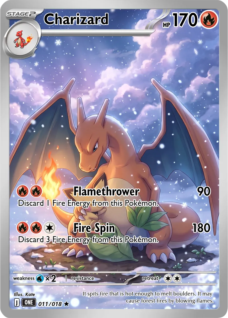 Charizard shelters a small green companion between its wings in a snowy landscape.