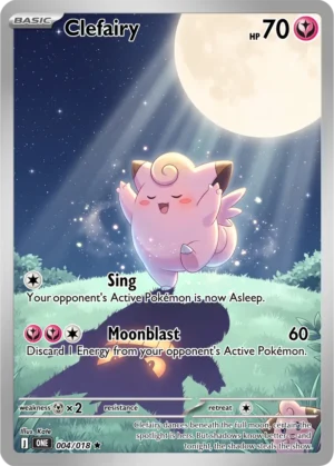 Clefairy dances beneath an oversized full moon, surrounded by tiny lights and treetops.