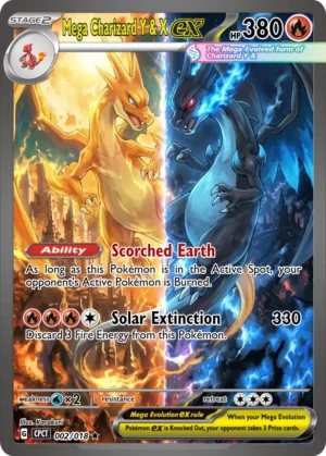 Mega Charizard Y and Mega Charizard X face each other through contrasting orange fire and electric-blue flames.