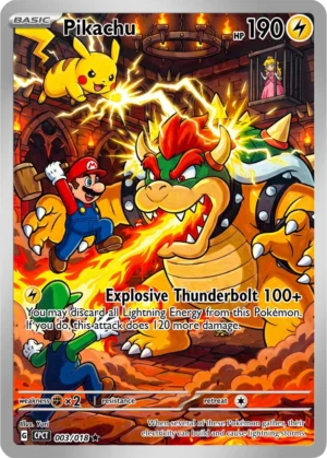 Pikachu launches a lightning-filled crossover scene with Mario and Bowser inside a fiery castle.