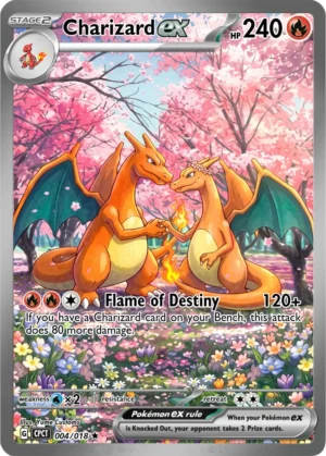 Two Charizard meet beneath pink cherry blossoms in a flower-filled spring landscape.