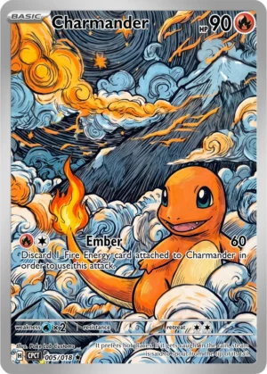 Charmander stands among swirling blue clouds beneath a mountain streaked with orange fire.