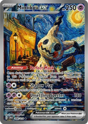 Mimikyu wanders a warmly lit café street beneath a swirling painted night sky.