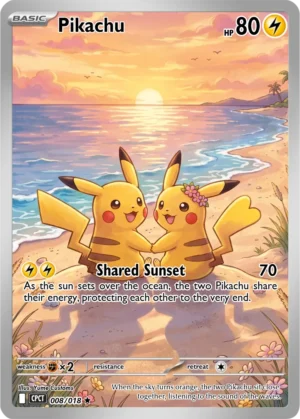 Two Pikachu hold hands on a sandy beach as the sun sets across the ocean.