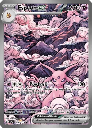 Espeon rests in curling pink clouds beneath a stylised mountain landscape.