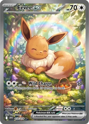 Eevee curls up in a leafy woodland clearing with flowers and a soft rainbow behind it.