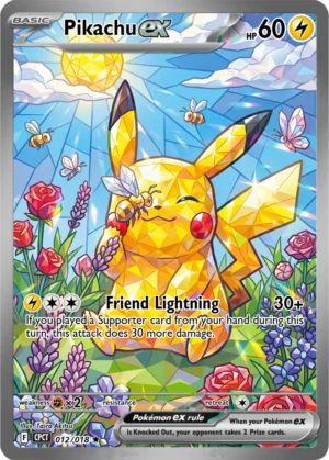 Pikachu appears as a faceted stained-glass-style figure among colourful flowers beneath a bright sun.