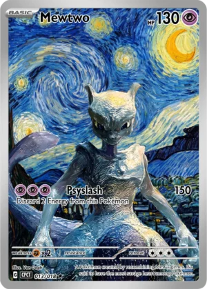 Mewtwo stands beneath a swirling blue-and-gold night sky rendered with textured painterly strokes.