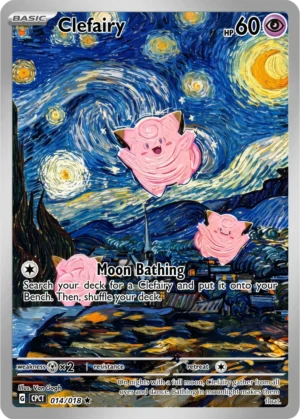 Clefairy floats across a deep blue night scene beneath bright stars and swirling golden moonlight.