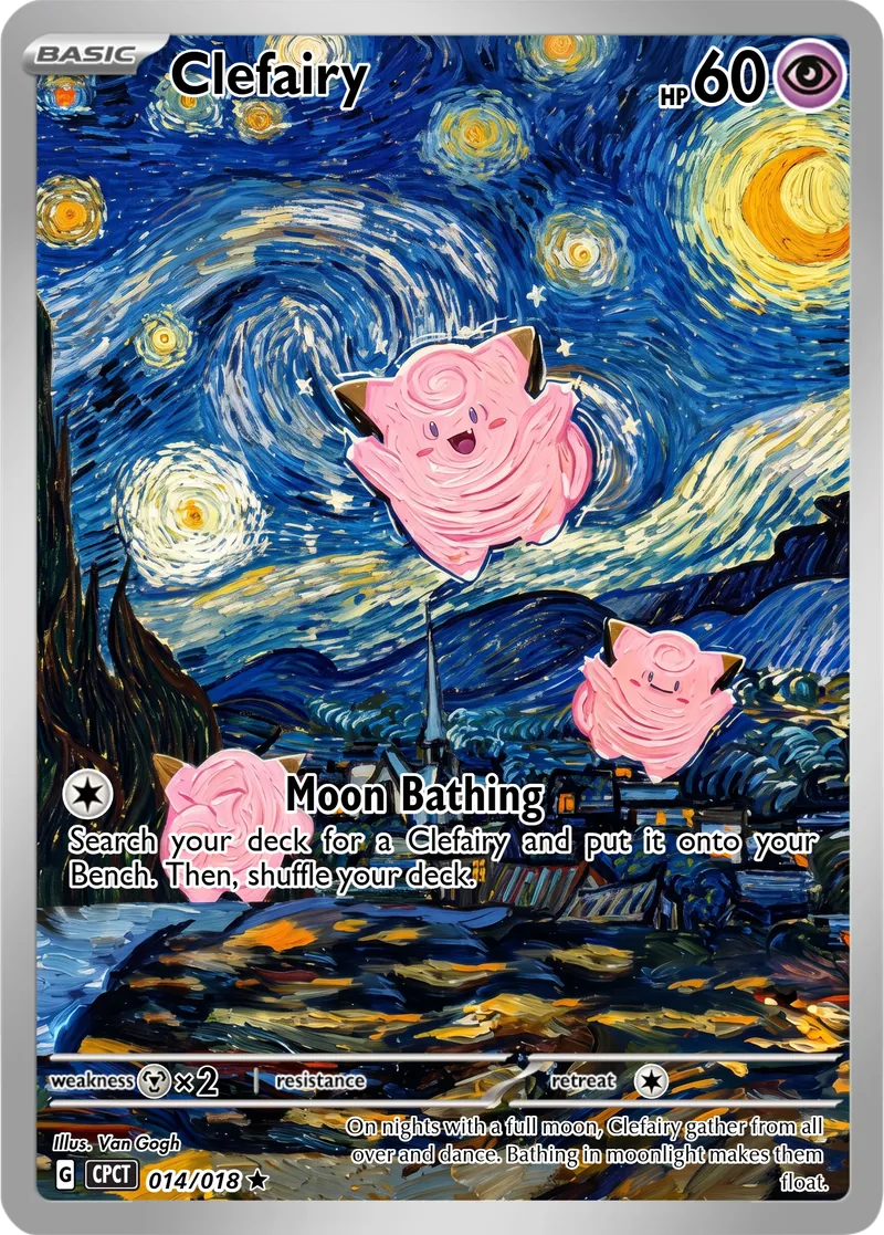 Clefairy floats across a deep blue night scene beneath bright stars and swirling golden moonlight.