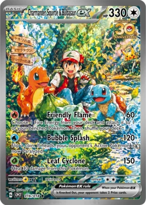 Charmander, Squirtle and Bulbasaur gather with Ash in a sunlit, flower-filled woodland.