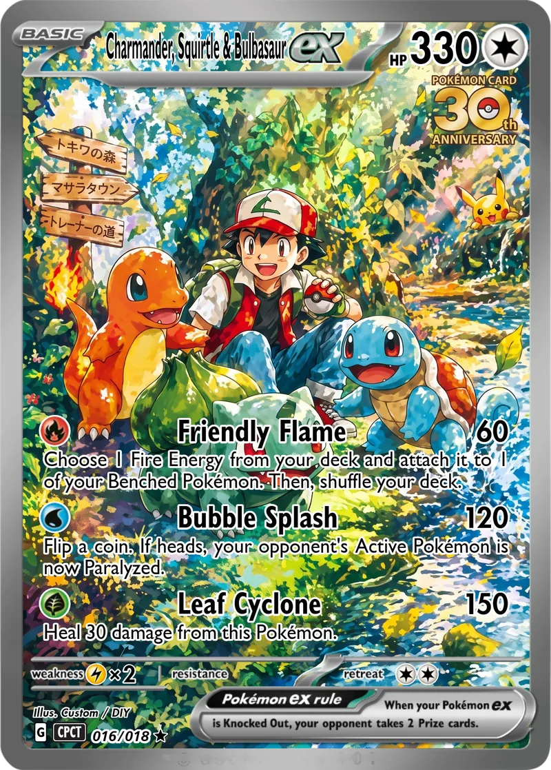 Charmander, Squirtle and Bulbasaur gather with Ash in a sunlit, flower-filled woodland.