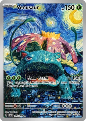 Venusaur fills a painterly night scene with its broad flower beneath swirling stars.