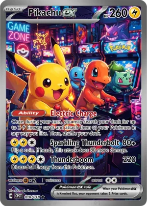 Pikachu and the Kanto starters gather around glowing arcade cabinets in a colourful game room.