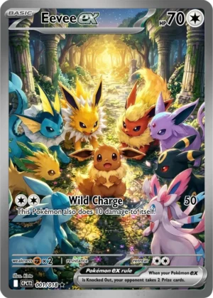 Eevee sits with its evolutions among sunlit ruins and lush green foliage.