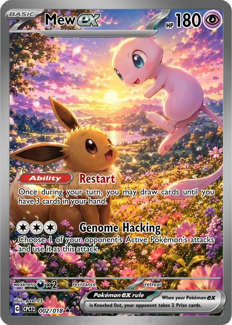 Mew floats beside Eevee above a flower-filled meadow in warm sunset light.