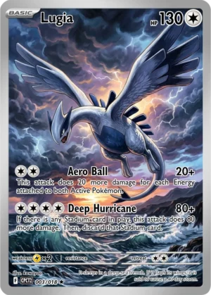 Lugia spreads its wings above a rough ocean beneath lightning-filled storm clouds.