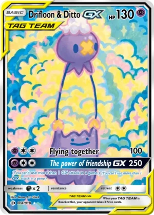 Drifloon and Ditto float through a playful sky of pastel blue and yellow clouds.