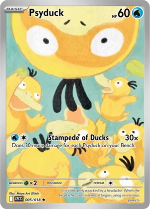 An oversized Psyduck face looks out over smaller Psyduck in a soft mint-and-yellow composition.