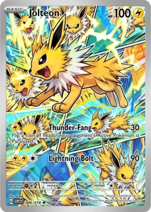 Jolteon bursts through a manga-style collage of yellow lightning and bold action panels.