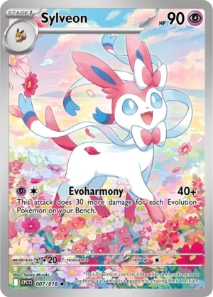 Sylveon plays in a pastel flower meadow with its ribbons flowing beneath a clear sky.