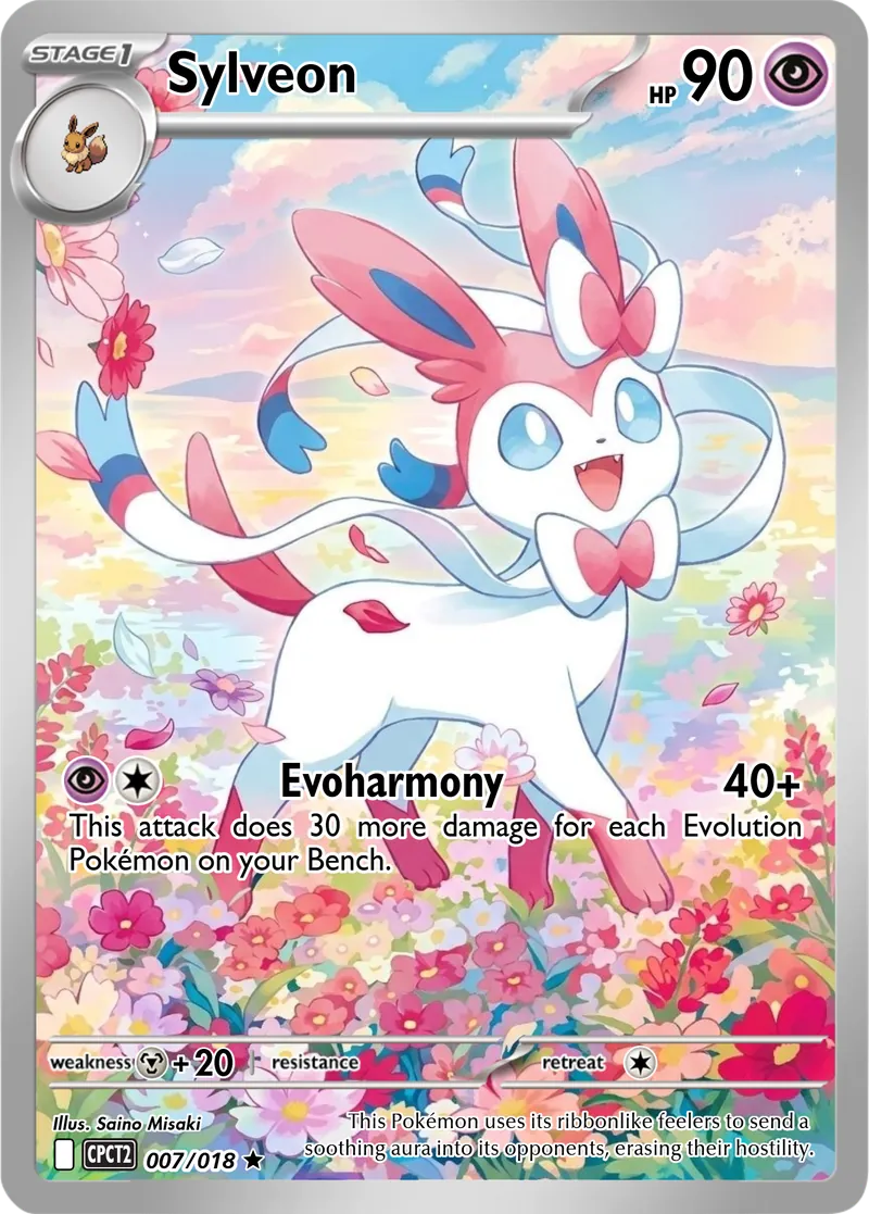 Sylveon plays in a pastel flower meadow with its ribbons flowing beneath a clear sky.