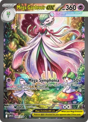 Mega Gardevoir stands among colourful mushrooms and flowers in a luminous woodland glade.