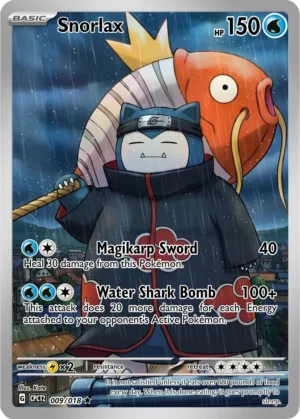 Snorlax wears a dark cloak and headband in the rain, carrying a large Magikarp-shaped companion.