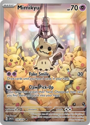 Mimikyu is lifted by an arcade claw above a crowd of yellow plush toys.