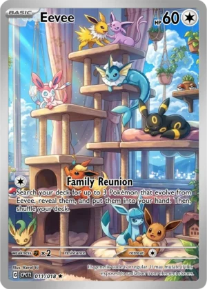 Eevee and its evolutions lounge across the platforms of a tall indoor climbing tree.