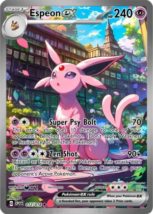 Espeon stands in a bright flower garden beside timber-framed buildings.