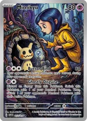 Mimikyu meets a blue-haired girl in a yellow raincoat beside a small doorway in a shadowy garden.