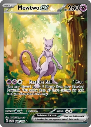 Mewtwo stands alone in a quiet woodland clearing lit by golden sunlight.