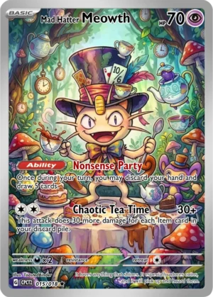 Meowth wears an oversized top hat at a whimsical tea party surrounded by cups, clocks and mushrooms.