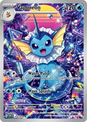 Vaporeon leaps through sparkling water in a vivid purple-and-blue scene with retro geometric accents.