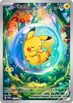 Pikachu sleeps inside a glowing blue bubble surrounded by green leaves and autumn colours.