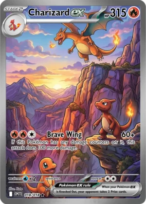 Charizard flies above Charmander and Charmeleon on a rocky mountainside at sunset.