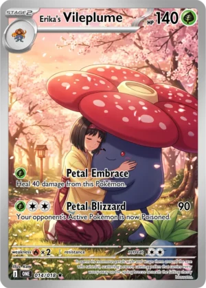 Erika embraces Vileplume beneath branches full of pink blossom.